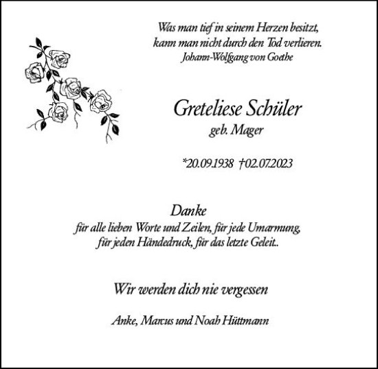 Traueranzeige von Greteliese Schüler von Camberger Anzeiger