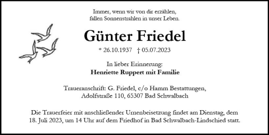 Traueranzeige von Günter Friedel von Wiesbadener Kurier
