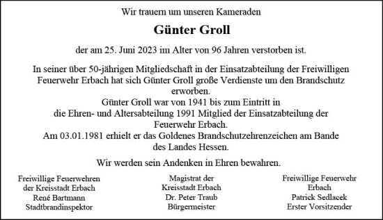 Traueranzeige von Günter Groll von Odenwälder Echo