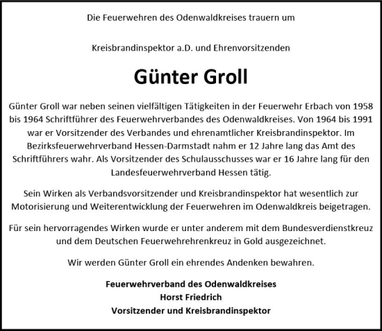 Traueranzeige von Günter Groll von Odenwälder Echo