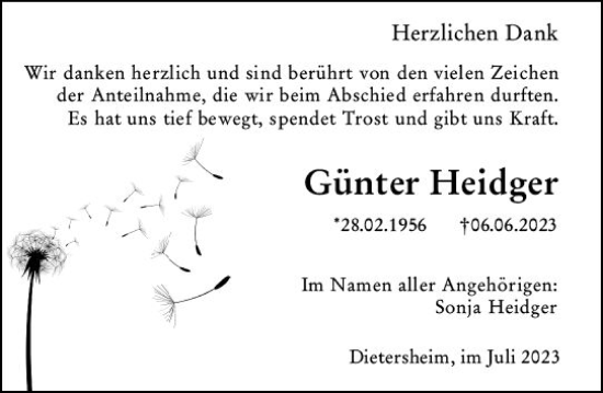 Traueranzeige von Günter Heidger von Bingen/Ingelheim WOBL inkl. Neue Binger Ztg.