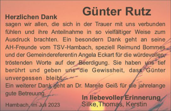 Traueranzeige von Günter Rutz von Starkenburger Echo