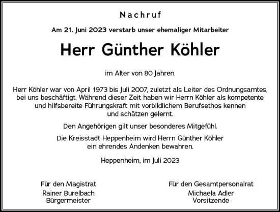 Traueranzeige von Günther Köhler von Starkenburger Echo