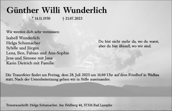 Traueranzeige von Günther Willi Wunderlich von Hinterländer Anzeiger