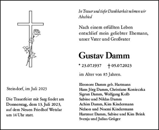 Traueranzeige von Gustav Damm von Wetzlarer Neue Zeitung
