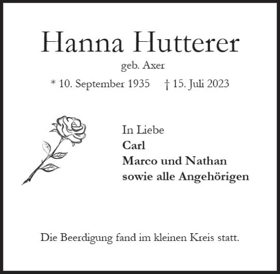 Traueranzeige von Hanna Hutterer von Idsteiner Land/Untertaunus