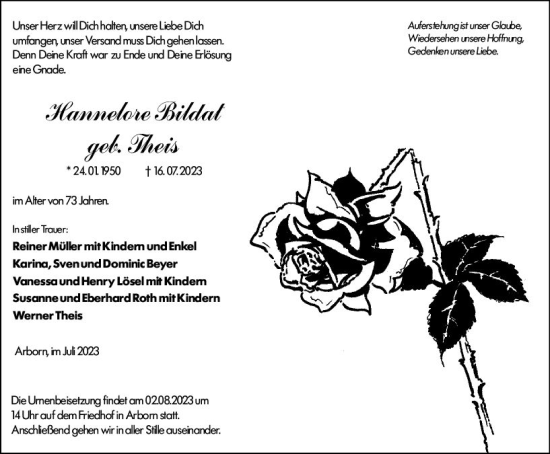 Traueranzeige von Hannelore Bildat von Dill Block Traueranzeige von Hannelore Bildat von Dill Block