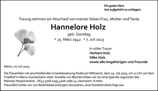 Traueranzeige von Hannelore Holz von Allgemeine Zeitung Mainz
