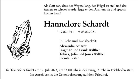 Traueranzeige von Hannelore Schardt von Nassauische Neue Presse