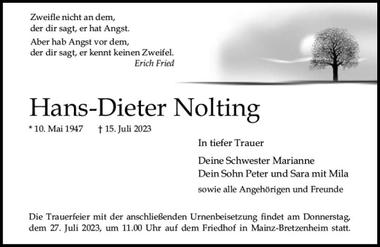 Traueranzeige von Hans-Dieter Nolting von Allgemeine Zeitung Mainz