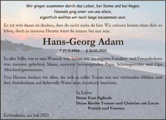 Traueranzeige von Hans-Georg Adam von Allgemeine Zeitung Alzey