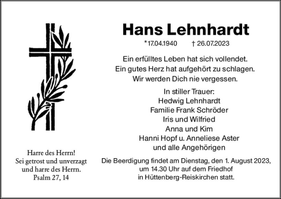 Traueranzeige von Hans Lehnhardt von Wetzlarer Neue Zeitung