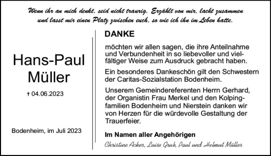 Traueranzeige von Hans-Paul Müller von Allgemeine Zeitung Mainz