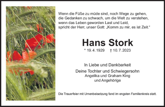 Traueranzeige von Hans Stork von Groß-Gerauer Echo