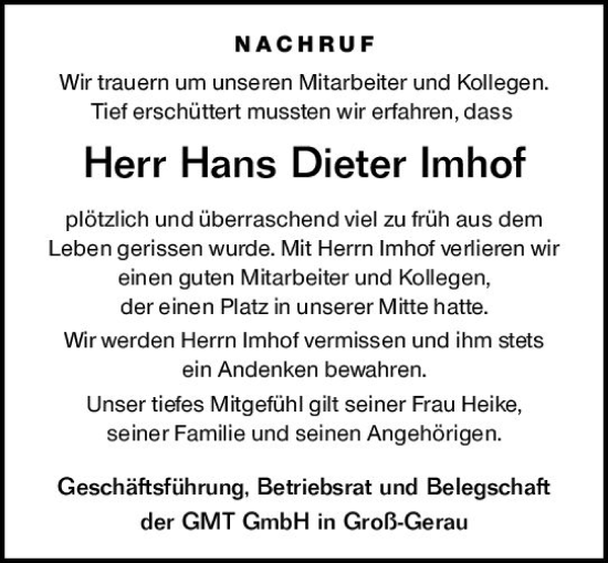 Traueranzeige von Hans Dieter Imhof von Groß-Gerauer Echo