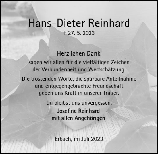 Traueranzeige von Hans Dieter Reinhard von Odenwälder Echo
