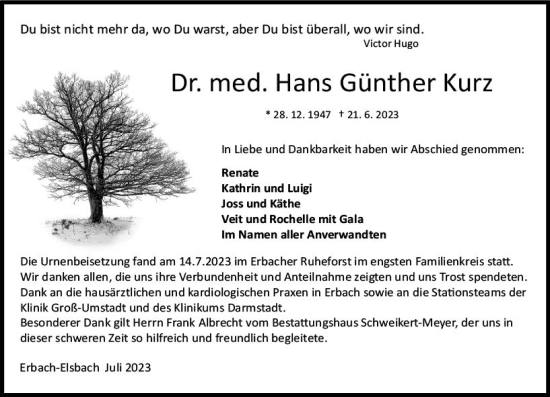 Traueranzeige von Hans Günther Kurz von Odenwälder Echo