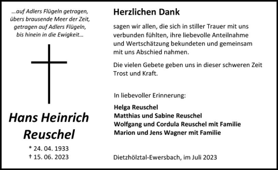 Traueranzeige von Hans Heinrich Reuschel von Dill Block