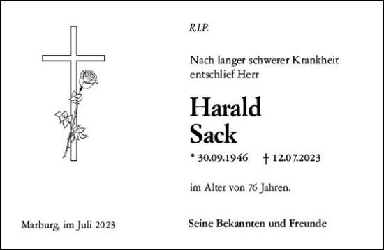 Traueranzeige von Harald Sack von Wetzlarer Neue Zeitung