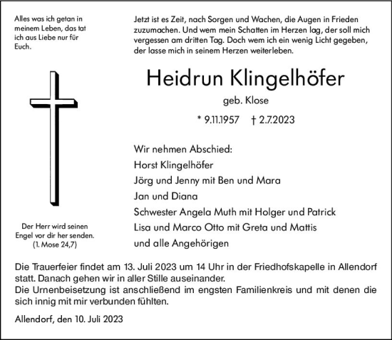 Traueranzeige von Heidrun Klingelhöfer von Hinterländer Anzeiger