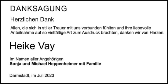 Traueranzeige von Heike Vay von Darmstädter Echo