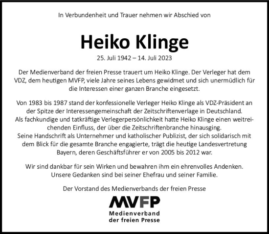 Traueranzeige von Heiko Klinge von Wiesbadener Kurier