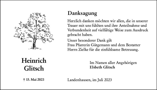 Traueranzeige von Heinrich Glitsch von VRM Trauer