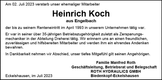 Traueranzeige von Heinrich Koch von Hinterländer Anzeiger