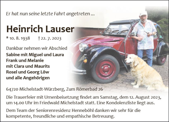 Traueranzeige von Heinrich Lauser von Odenwälder Echo