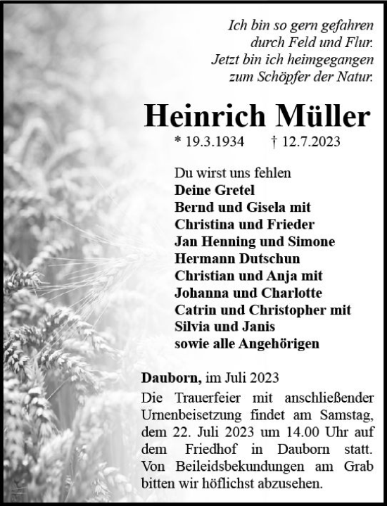 Traueranzeige von Heinrich Müller von Nassauische Neue Presse