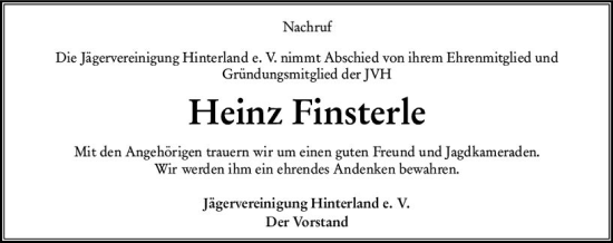 Traueranzeige von Heinz Finsterle von Hinterländer Anzeiger