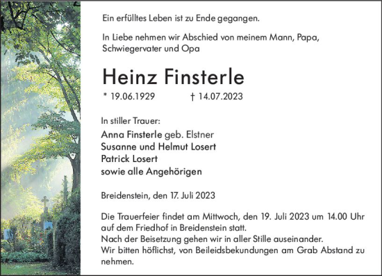 Traueranzeige von Heinz Finsterle von Hinterländer Anzeiger