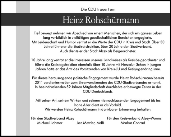 Traueranzeige von Heinz Rohschürmann von Allgemeine Zeitung Alzey