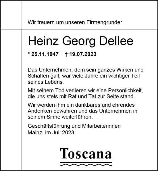 Traueranzeige von Heinz Georg Dellee von Allgemeine Zeitung Mainz