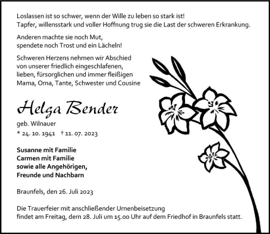 Traueranzeige von Helga Bender von Wetzlarer Neue Zeitung
