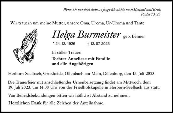 Traueranzeige von Helga Burmeister von Dill Block