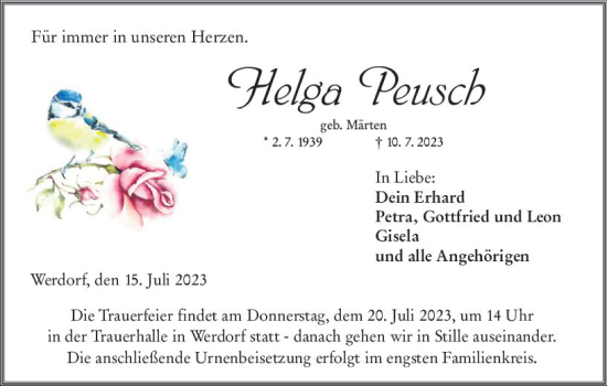 Traueranzeige von Helga Peusch von Wetzlarer Neue Zeitung