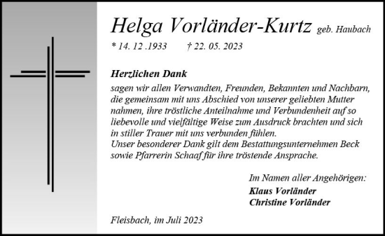 Traueranzeige von Helga Vorländer-Kurz von Dill Block
