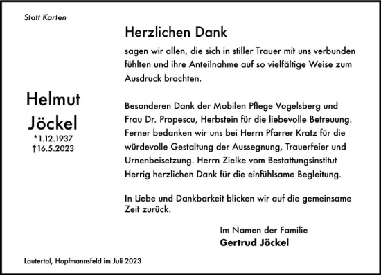 Traueranzeige von Helmut Jöckel von Oberhessen Kurier