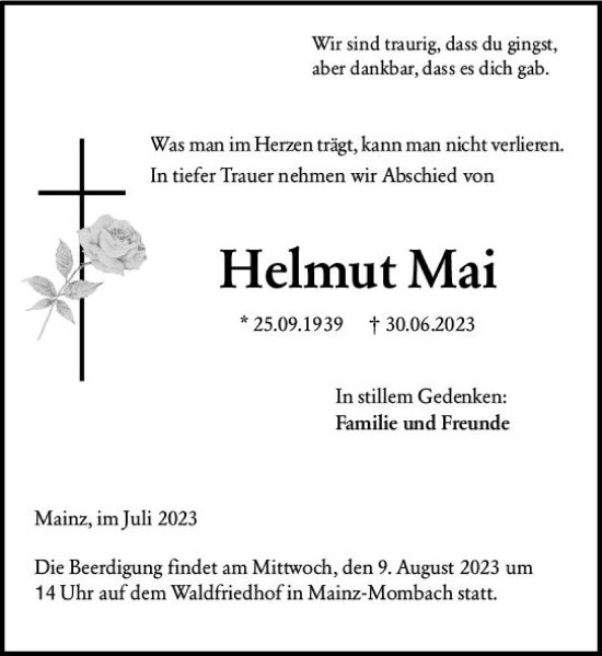 Traueranzeige von Helmut Mai von Allgemeine Zeitung Mainz Traueranzeige von Helmut Mai von Allgemeine Zeitung Mainz