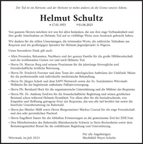 Traueranzeige von Helmut Schultz von Allgemeine Zeitung Alzey
