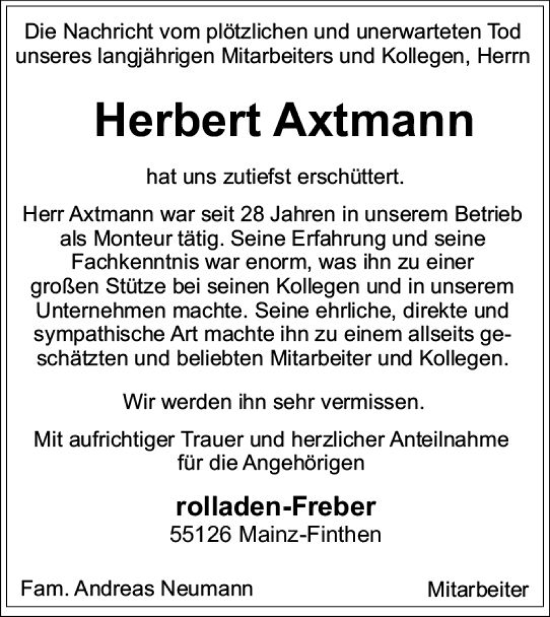 Traueranzeige von Herbert Axtmann von Allgemeine Zeitung Mainz