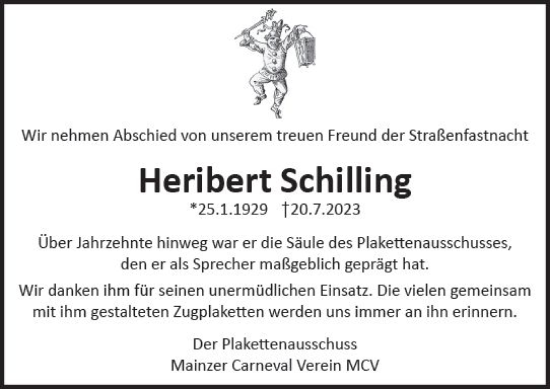 Traueranzeige von Heribert Schilling von Allgemeine Zeitung Mainz