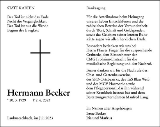 Traueranzeige von Hermann Becker von Weilburger Tageblatt