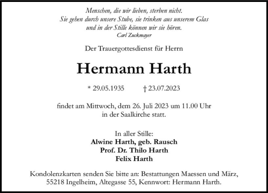 Traueranzeige von Hermann Harth von Allgemeine Zeitung Bingen/Ingelheim