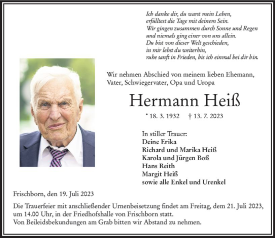 Traueranzeige von Hermann Heiß von VRM Trauer