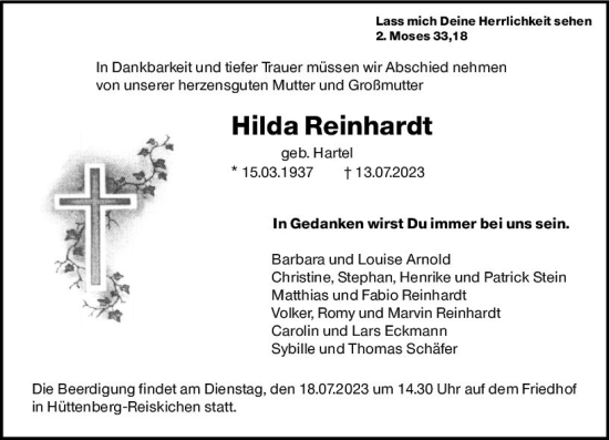 Traueranzeige von Hilda Reinhardt von Wetzlarer Neue Zeitung