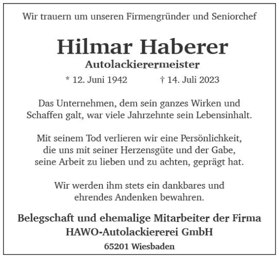 Traueranzeige von Hilmar Haberer von Wiesbadener Kurier