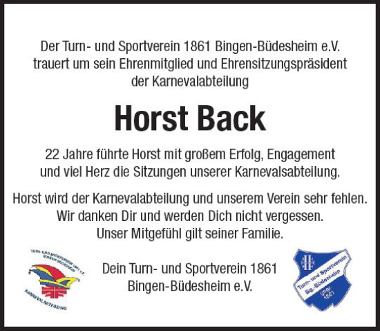 Traueranzeige von Horst Back von Allgemeine Zeitung Bingen/Ingelheim