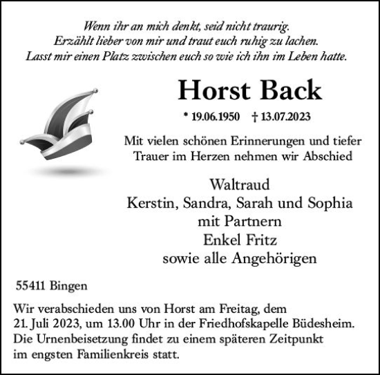 Traueranzeige von Horst Back von Allgemeine Zeitung Bingen/Ingelheim
